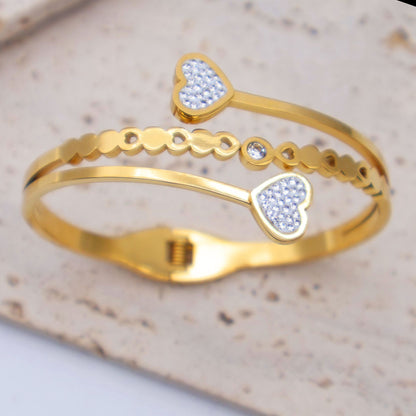 Lucky Heart Wide Bracelet For Women In Titanium Steel With Electroplated Gold Plating And Rhinestone Inlay
