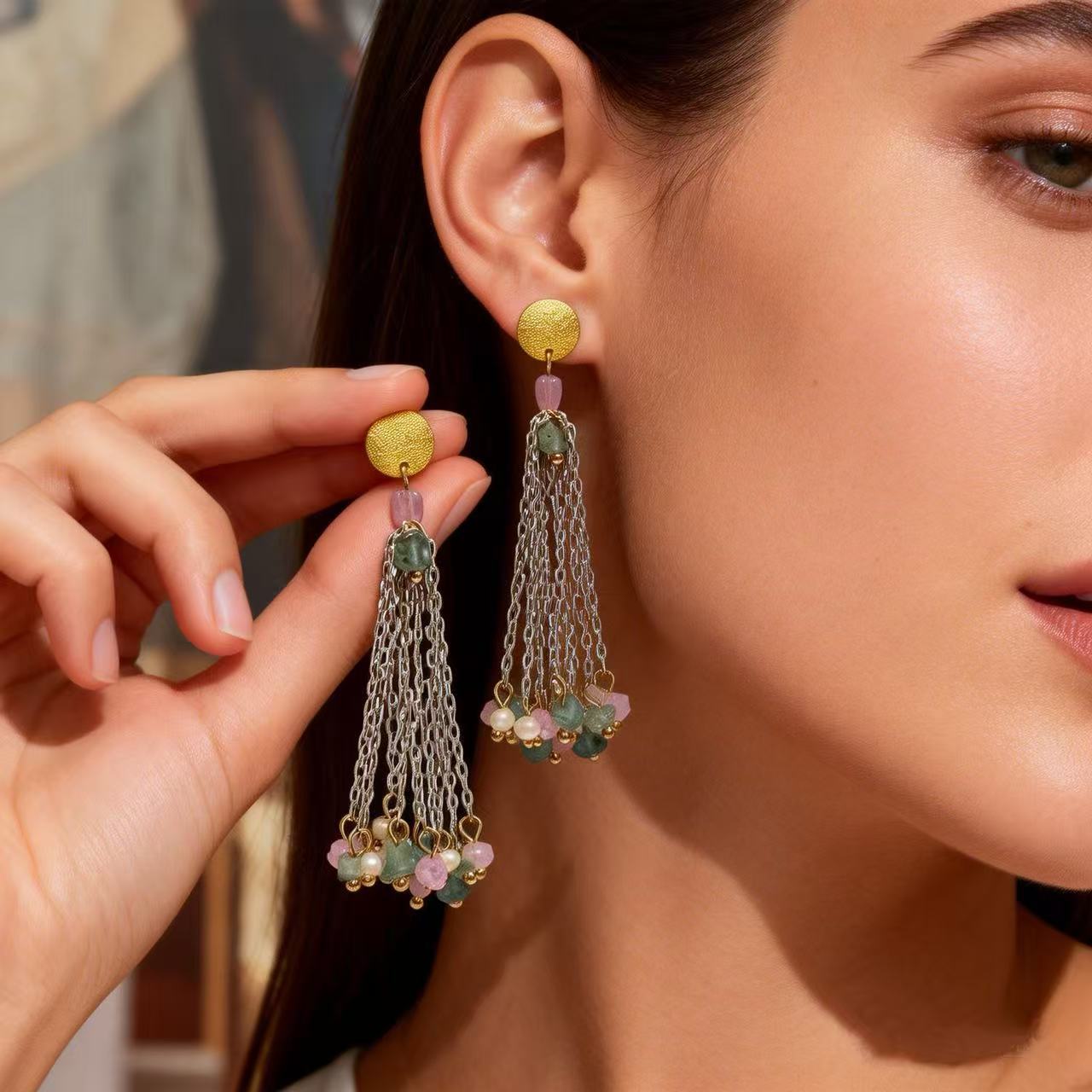 Color Block Tassel Earrings For Unisex Featuring 925 Sterling Silver Studs And Zinc Alloy Material In Silver
