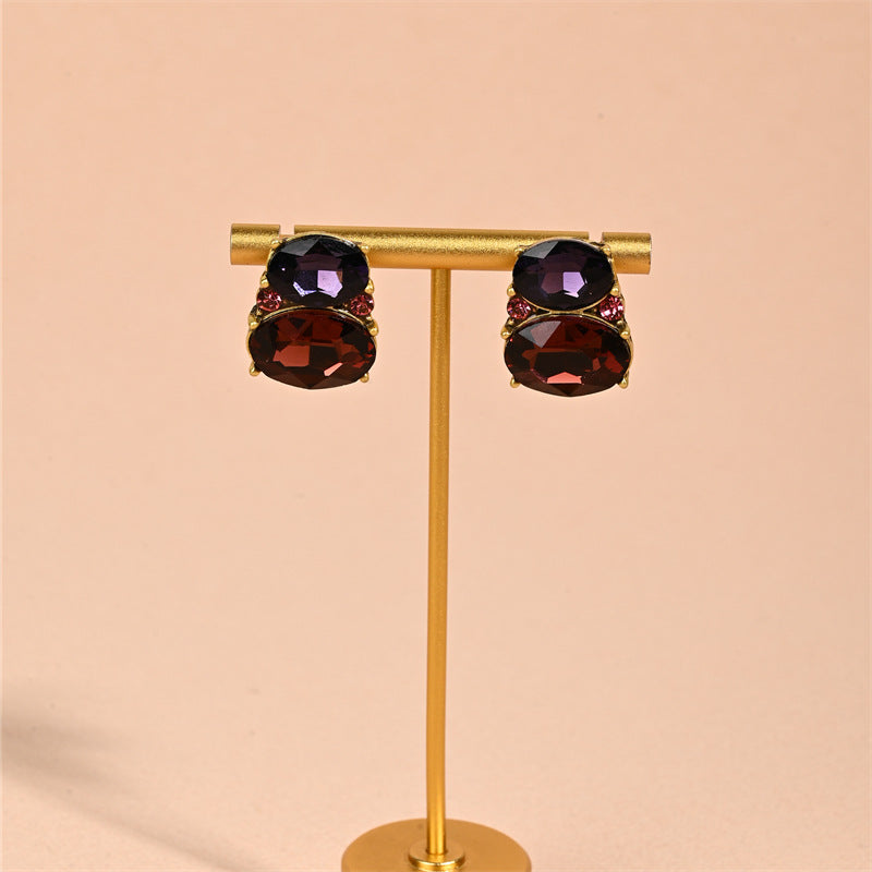 Oval Stud Earrings For Unisex Featuring Purple Alloy With Zircon Inlay And Electroplated Finish