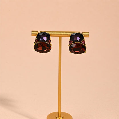 Oval Stud Earrings For Unisex Featuring Purple Alloy With Zircon Inlay And Electroplated Finish
