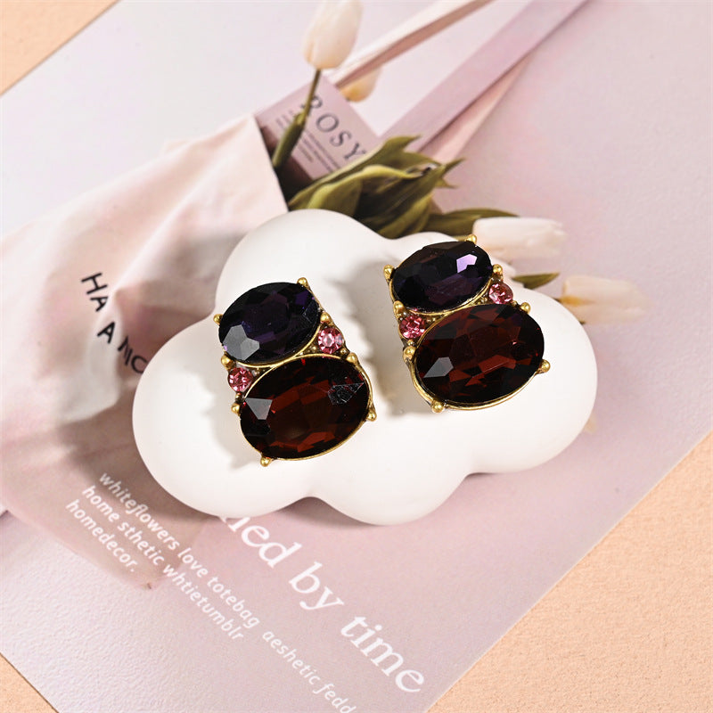 Oval Stud Earrings For Unisex Featuring Purple Alloy With Zircon Inlay And Electroplated Finish