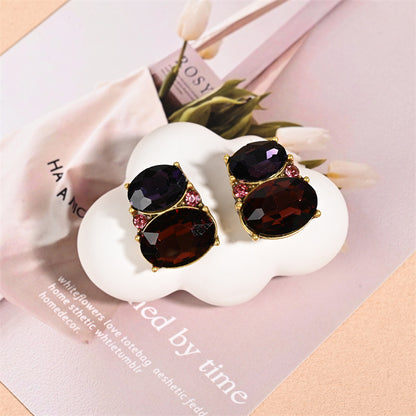 Oval Stud Earrings For Unisex Featuring Purple Alloy With Zircon Inlay And Electroplated Finish
