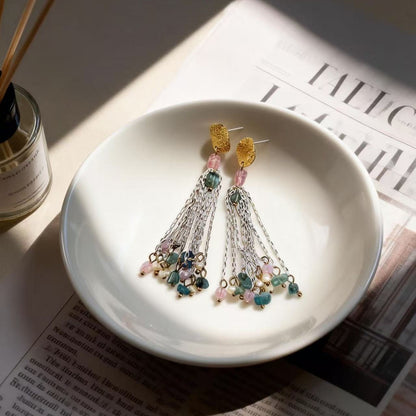 Color Block Tassel Earrings For Unisex Featuring 925 Sterling Silver Studs And Zinc Alloy Material In Silver