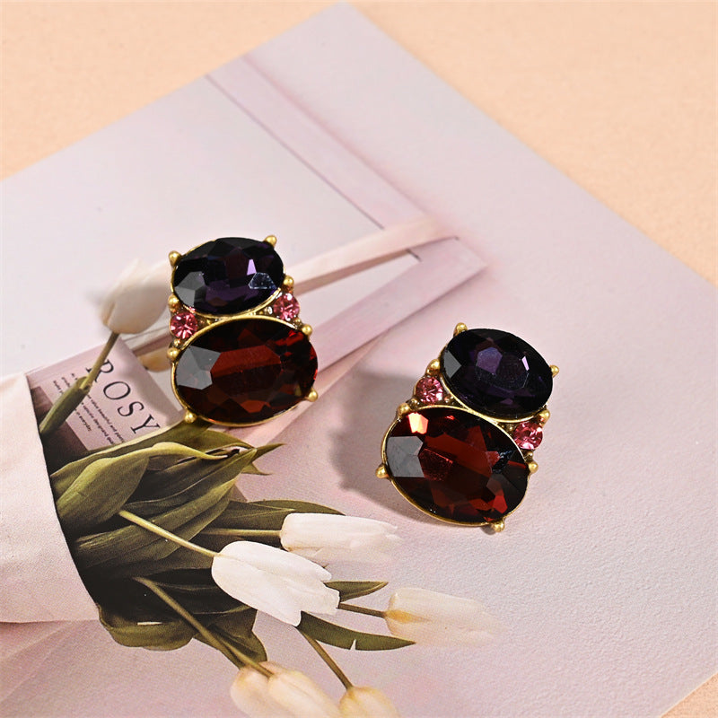 Oval Stud Earrings For Unisex Featuring Purple Alloy With Zircon Inlay And Electroplated Finish