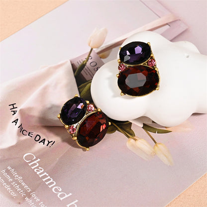 Oval Stud Earrings For Unisex Featuring Purple Alloy With Zircon Inlay And Electroplated Finish