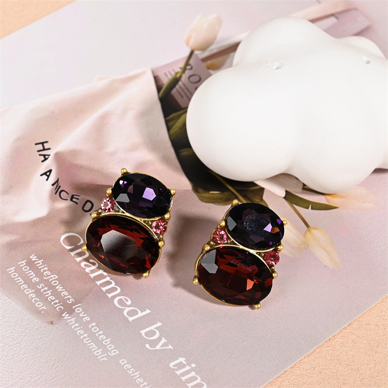 Oval Stud Earrings For Unisex Featuring Purple Alloy With Zircon Inlay And Electroplated Finish