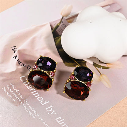 Oval Stud Earrings For Unisex Featuring Purple Alloy With Zircon Inlay And Electroplated Finish
