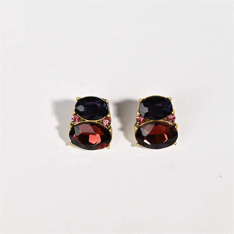 Oval Stud Earrings For Unisex Featuring Purple Alloy With Zircon Inlay And Electroplated Finish