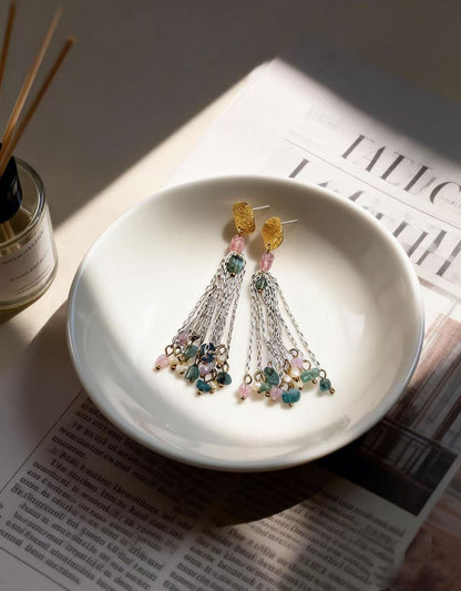 Color Block Tassel Earrings For Unisex Featuring 925 Sterling Silver Studs And Zinc Alloy Material In Silver