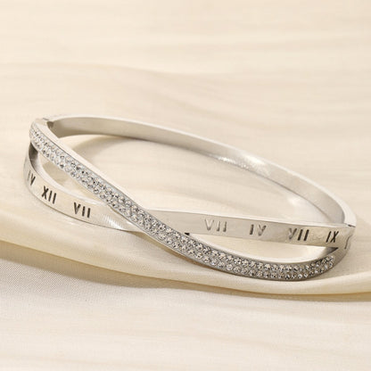 Simple Style Women Titanium Steel Bangle With Electroplated Gold Plating And Zircon Inlay