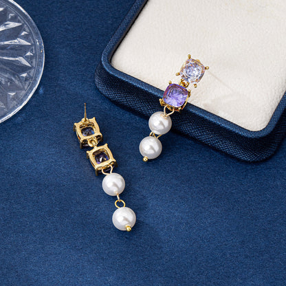 Square Stud Earrings For Women Featuring 925 Sterling Silver Posts And Silver Zinc Alloy With Zircon Inlay