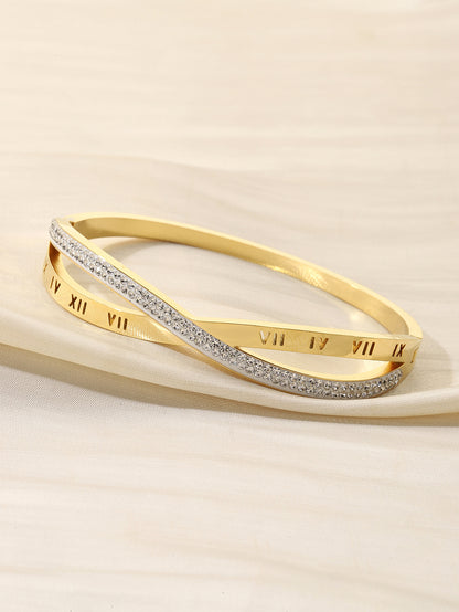Simple Style Women Titanium Steel Bangle With Electroplated Gold Plating And Zircon Inlay
