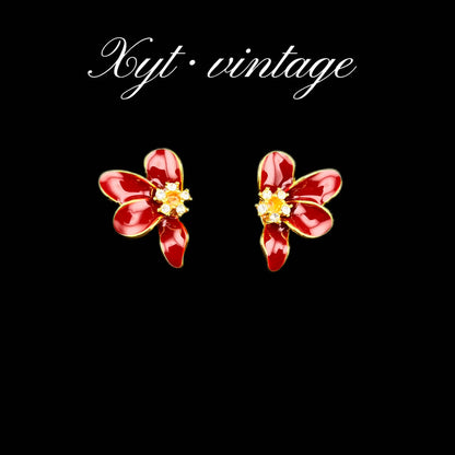 Red Flowers Stud Earrings For Unisex Featuring Alloy Material And Zircon Inlay With 925 Sterling Silver Ear Pins