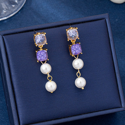 Square Stud Earrings For Women Featuring 925 Sterling Silver Posts And Silver Zinc Alloy With Zircon Inlay