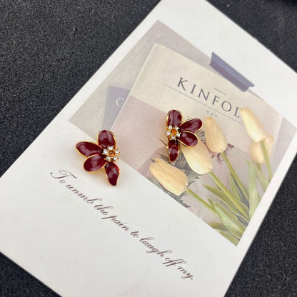 Red Flowers Stud Earrings For Unisex Featuring Alloy Material And Zircon Inlay With 925 Sterling Silver Ear Pins