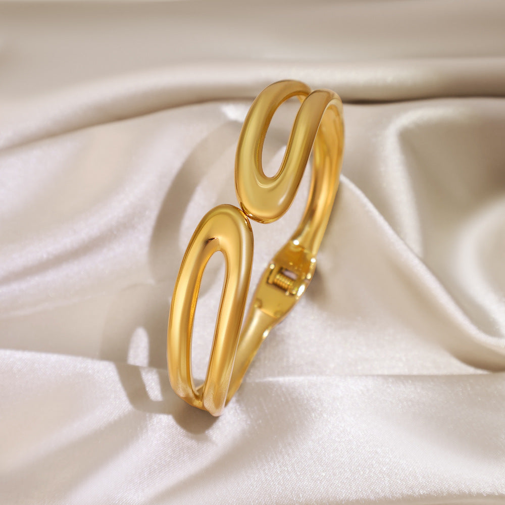 Double Ring Bangle For Women In Simple Style, Titanium Steel With Gold Plating And Spring Ring Clasp