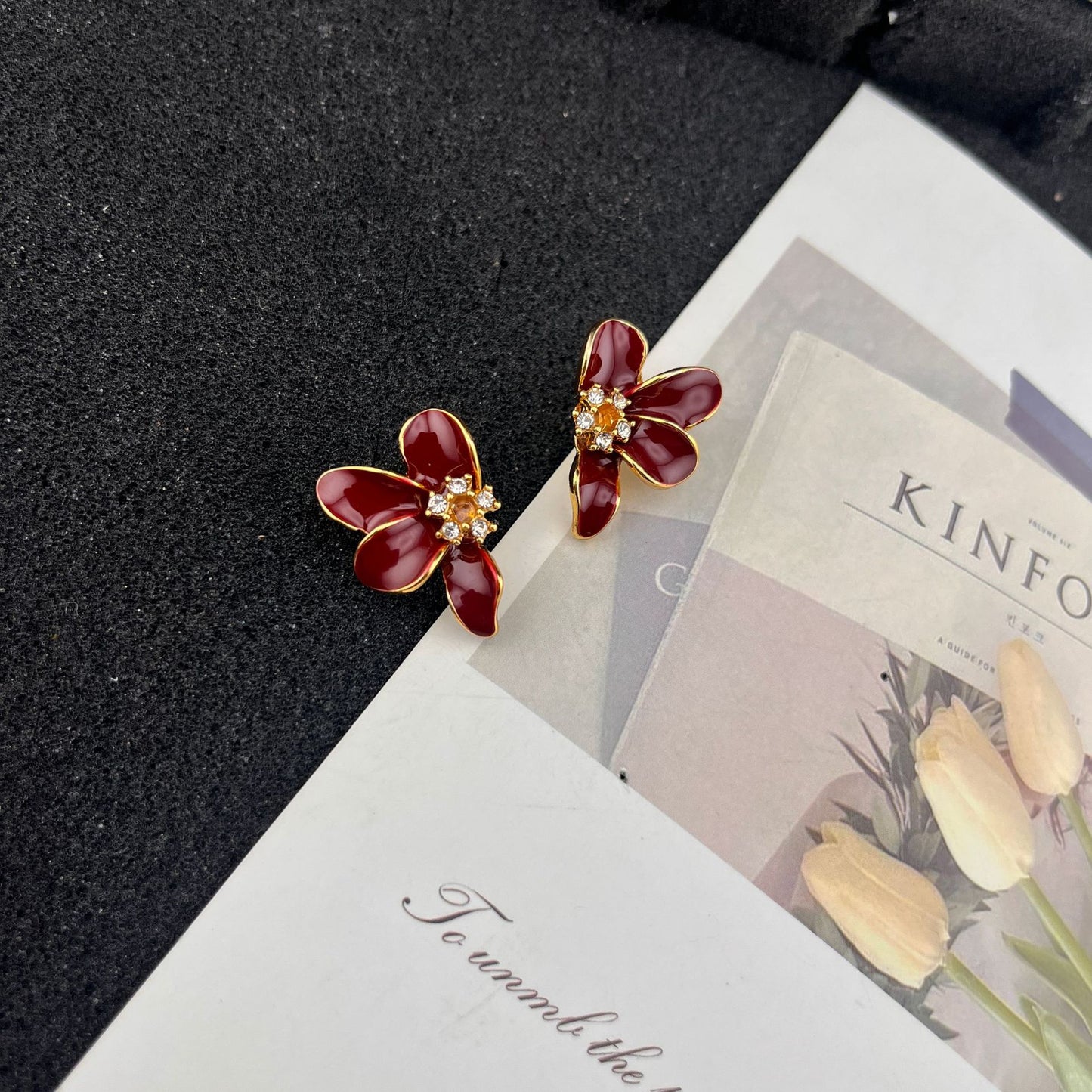Red Flowers Stud Earrings For Unisex Featuring Alloy Material And Zircon Inlay With 925 Sterling Silver Ear Pins