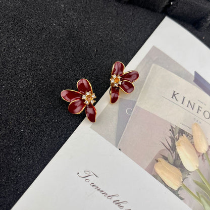Red Flowers Stud Earrings For Unisex Featuring Alloy Material And Zircon Inlay With 925 Sterling Silver Ear Pins
