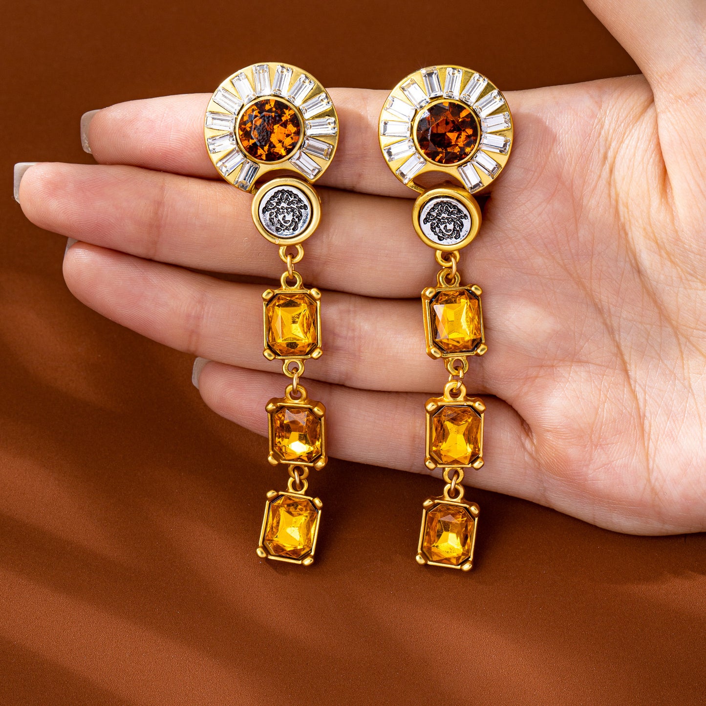 Water Droplets Tassel Drop Earrings For Unisex Featuring Orange Zinc Alloy With Rhinestones And 925 Sterling Silver Studs