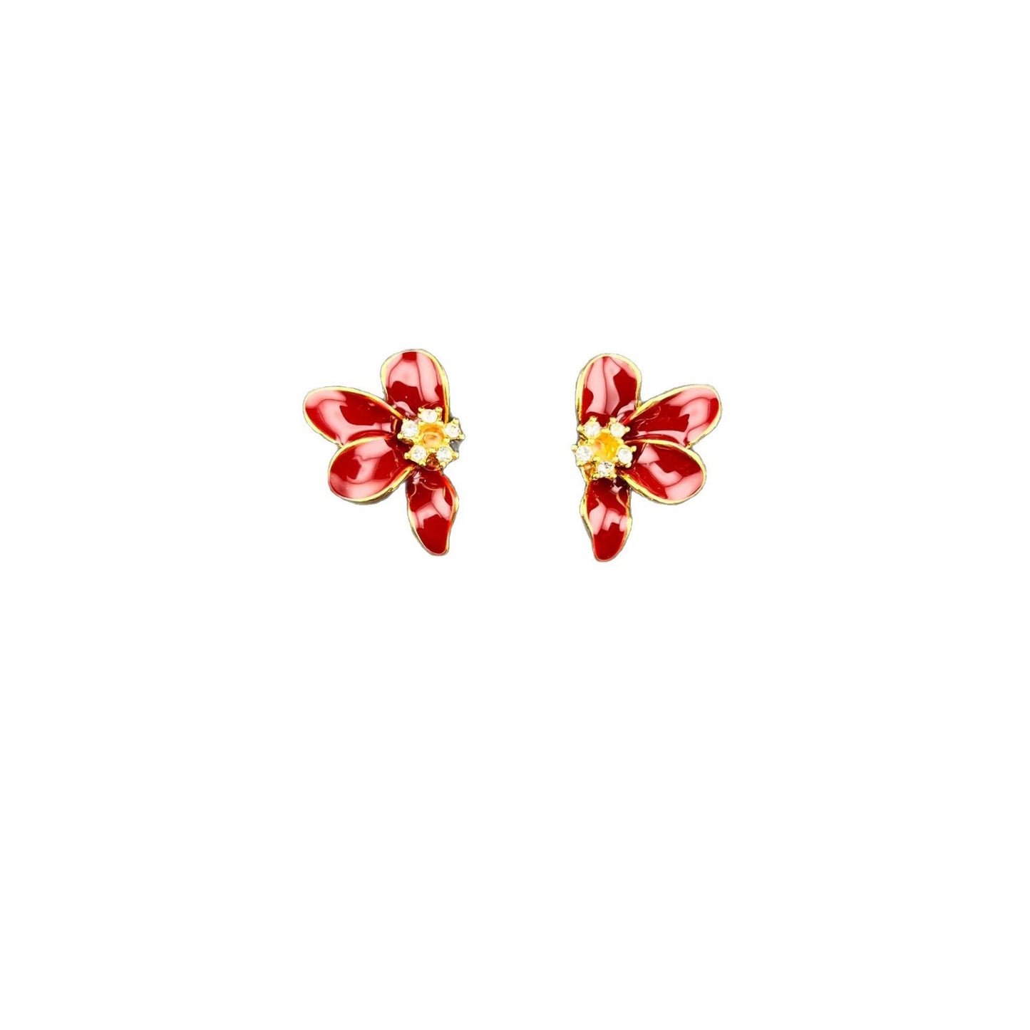 Red Flowers Stud Earrings For Unisex Featuring Alloy Material And Zircon Inlay With 925 Sterling Silver Ear Pins