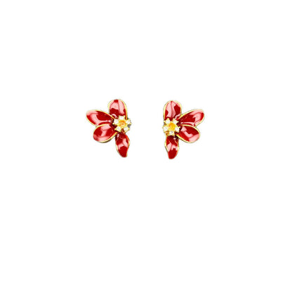 Red Flowers Stud Earrings For Unisex Featuring Alloy Material And Zircon Inlay With 925 Sterling Silver Ear Pins