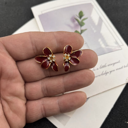 Red Flowers Stud Earrings For Unisex Featuring Alloy Material And Zircon Inlay With 925 Sterling Silver Ear Pins