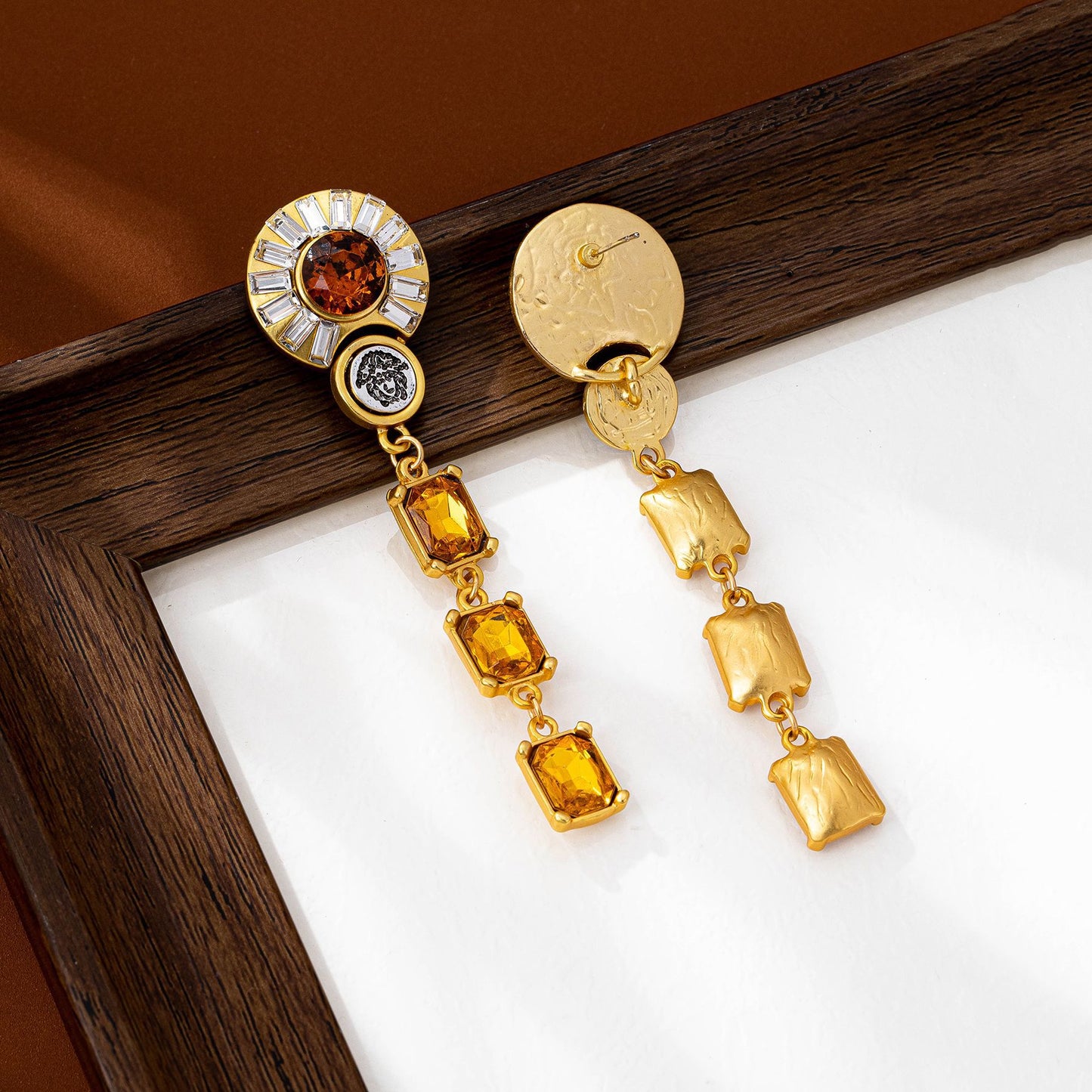 Water Droplets Tassel Drop Earrings For Unisex Featuring Orange Zinc Alloy With Rhinestones And 925 Sterling Silver Studs