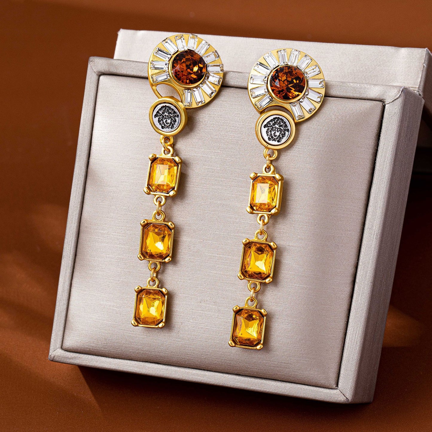 Water Droplets Tassel Drop Earrings For Unisex Featuring Orange Zinc Alloy With Rhinestones And 925 Sterling Silver Studs