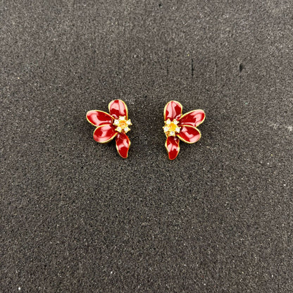 Red Flowers Stud Earrings For Unisex Featuring Alloy Material And Zircon Inlay With 925 Sterling Silver Ear Pins