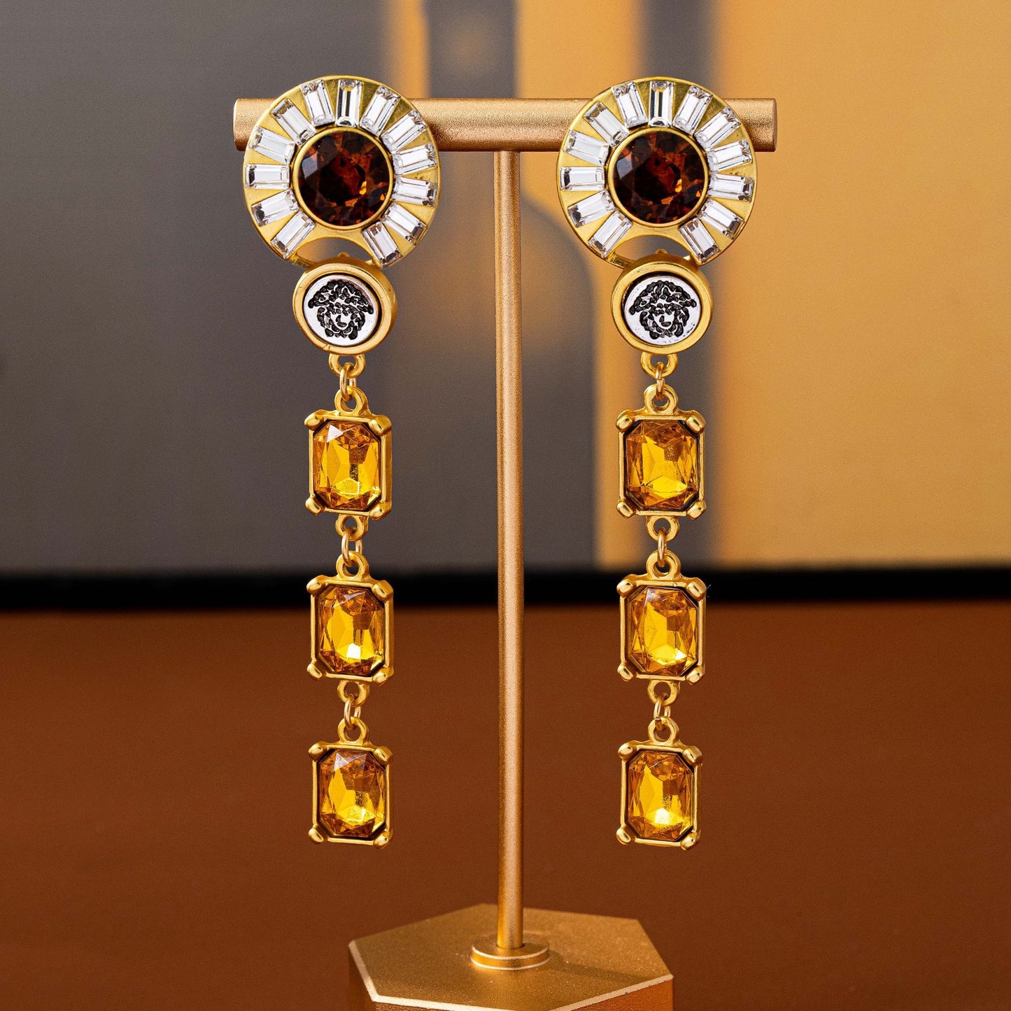 Water Droplets Tassel Drop Earrings For Unisex Featuring Orange Zinc Alloy With Rhinestones And 925 Sterling Silver Studs