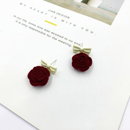 Retro Silver Rose Stud Earrings For Women With Artificial Gemstone Inlay And Plastic Material