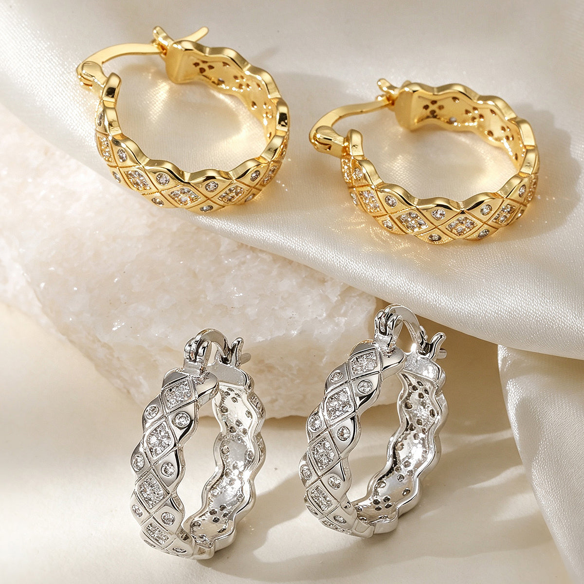 Geometric Micro Pave Earrings For Women In Copper With 18K Real Gold Water Plating And Zircon Inlay