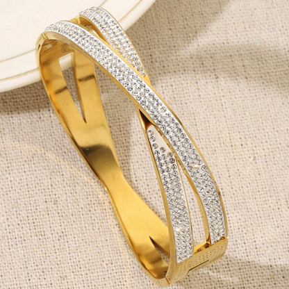 Golden Plated Titanium Steel Circle Bangle With Electroplated Inlay Craft In Gold