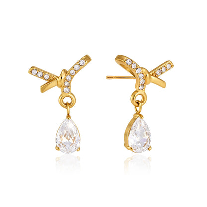 Sweet Bow Tie Stud Earrings For Women In Waterproof Non Tarnish 304 Stainless Steel With Rhinestones Inlay