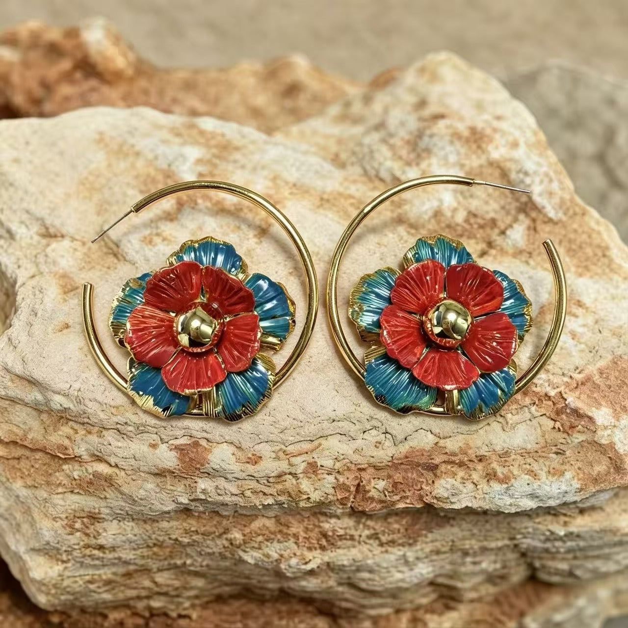 Flowers Hoop Earrings For Unisex Featuring Enamel Craft And Alloy Material With 925 Sterling Silver Stud Posts In Silver
