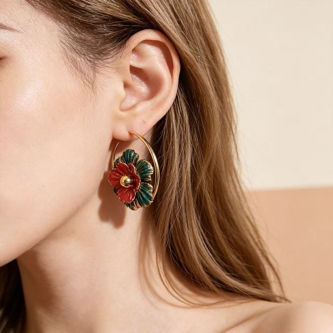 Flowers Hoop Earrings For Unisex Featuring Enamel Craft And Alloy Material With 925 Sterling Silver Stud Posts In Silver