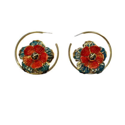 Flowers Hoop Earrings For Unisex Featuring Enamel Craft And Alloy Material With 925 Sterling Silver Stud Posts In Silver
