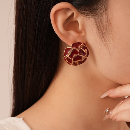 Simple Style Red Enamel Flowers Stud Earrings For Unisex Featuring Alloy Material