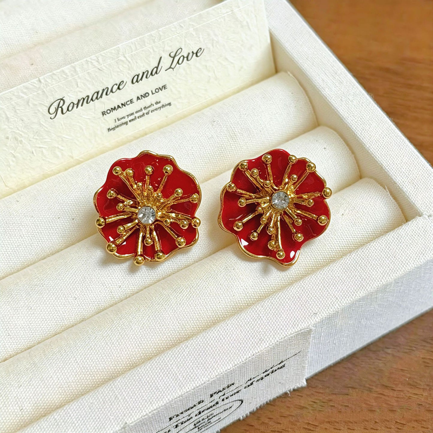 Red Enamel Flowers Stud Earrings For Women With 925 Sterling Silver Posts And Zinc Alloy Design