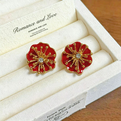 Red Enamel Flowers Stud Earrings For Women With 925 Sterling Silver Posts And Zinc Alloy Design