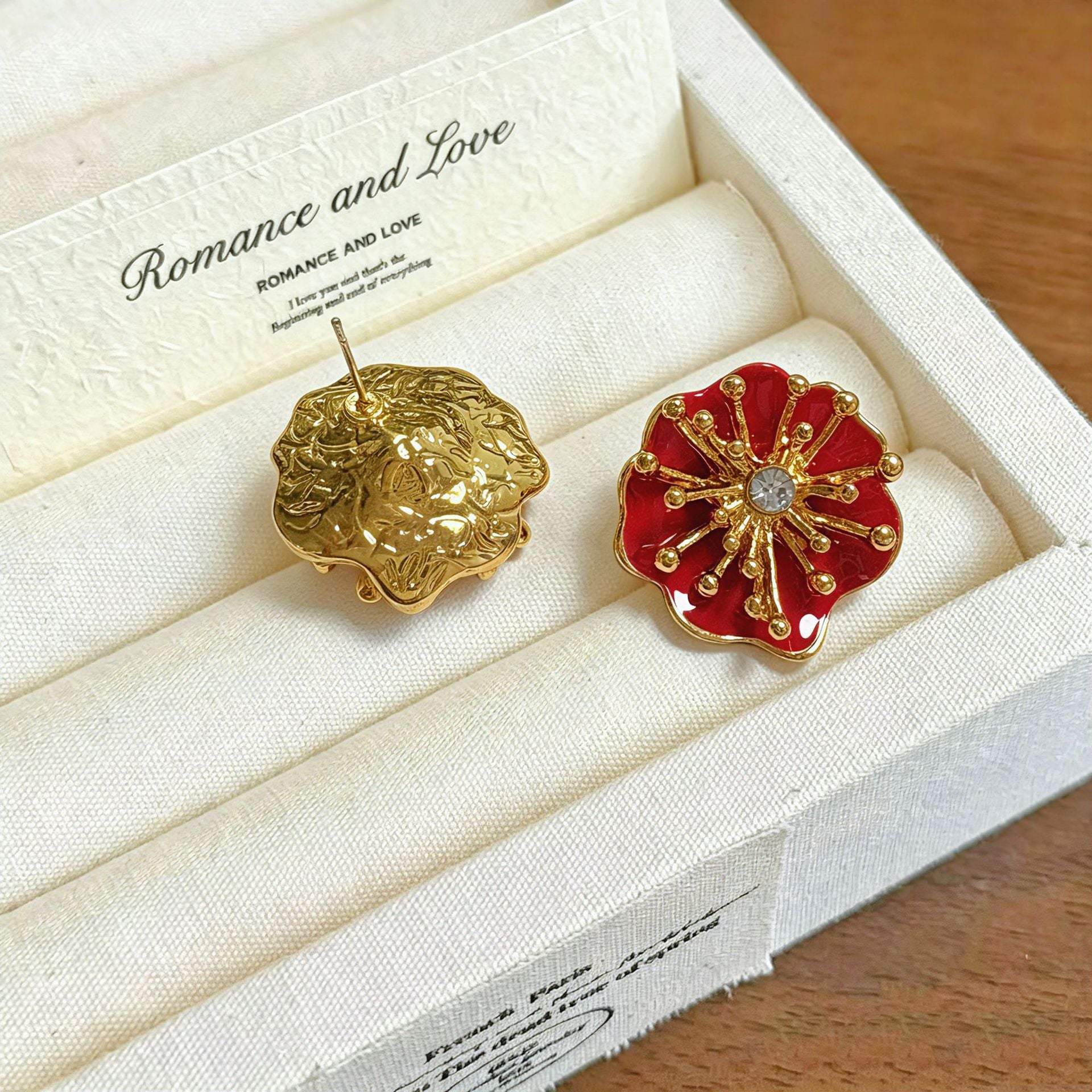 Red Enamel Flowers Stud Earrings For Women With 925 Sterling Silver Posts And Zinc Alloy Design