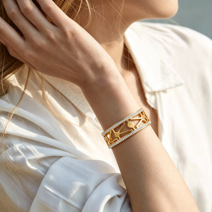Simple Style Color Block Wide Bracelet For Women In Titanium Steel With Electroplated Gold Plating And Zircon Inlay