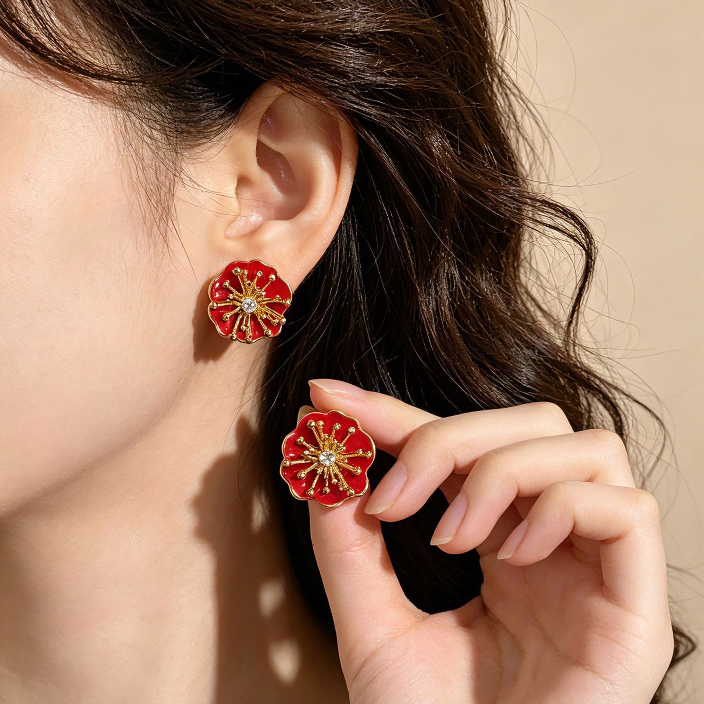 Red Enamel Flowers Stud Earrings For Women With 925 Sterling Silver Posts And Zinc Alloy Design