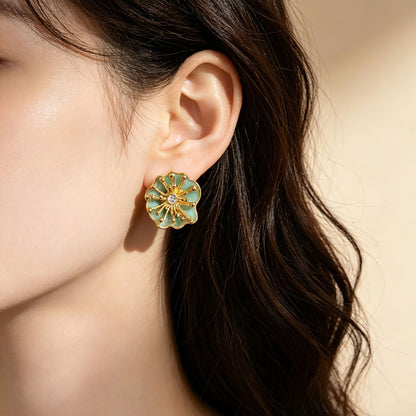 Red Enamel Flowers Stud Earrings For Women With 925 Sterling Silver Posts And Zinc Alloy Design