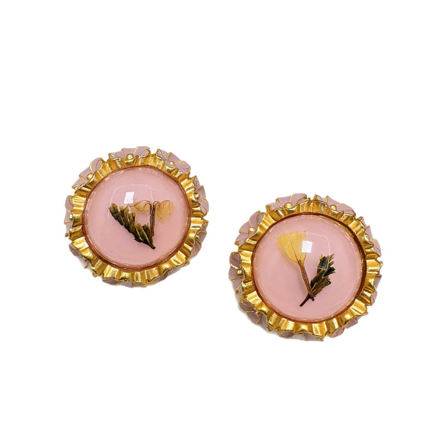 Water Droplets Stud Earrings For Unisex Featuring Silver Alloy With Dried Flowers Inlay, Maillard Style