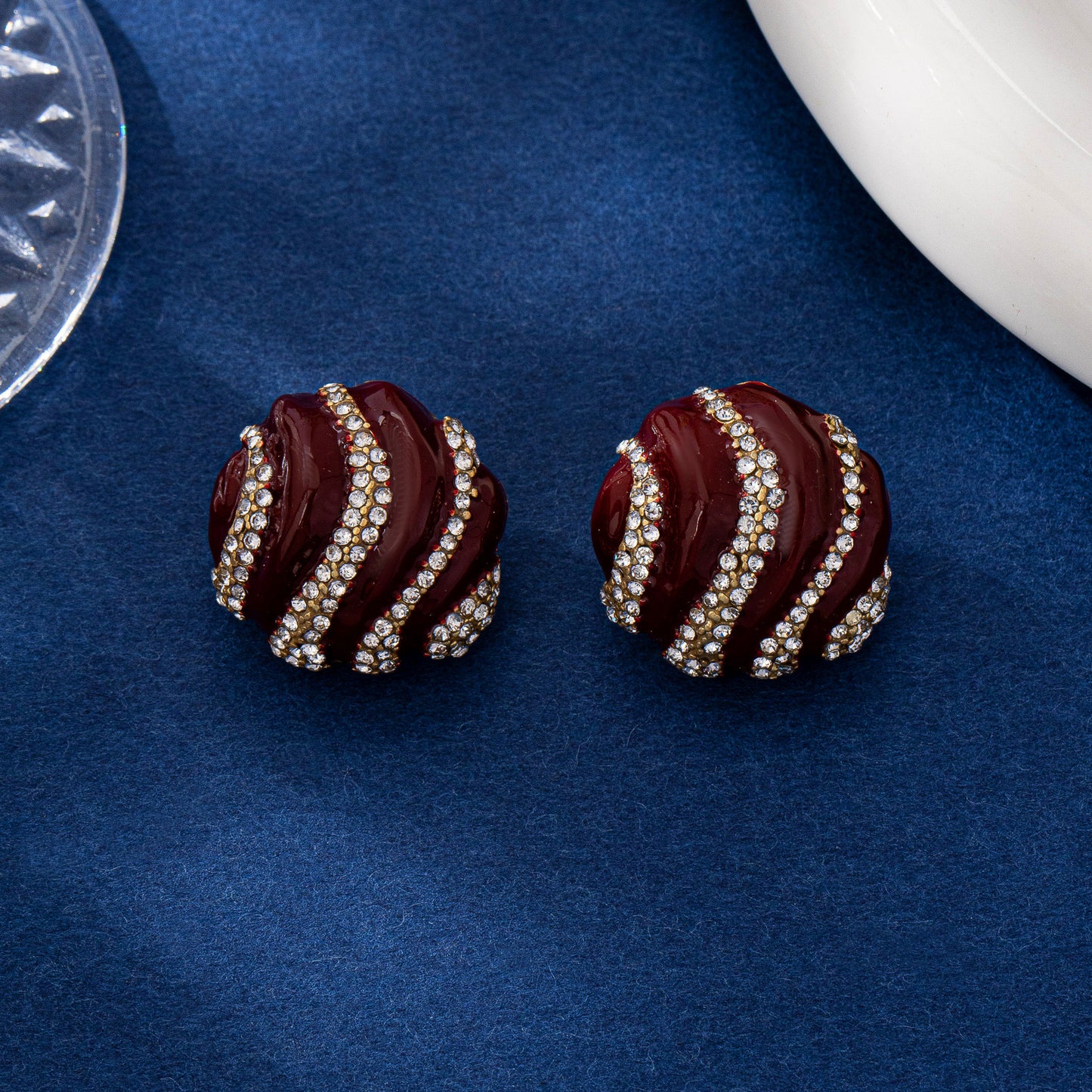 Round Wine Red Enamel Stud Earrings For Women Featuring Zinc Alloy With 925 Sterling Silver Ear Pins