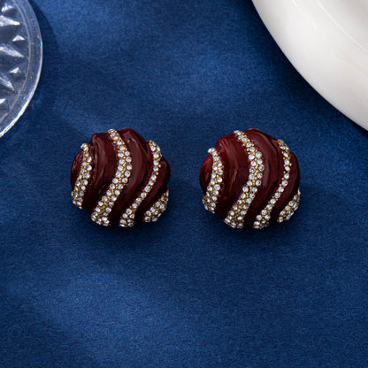 Round Wine Red Enamel Stud Earrings For Women Featuring Zinc Alloy With 925 Sterling Silver Ear Pins