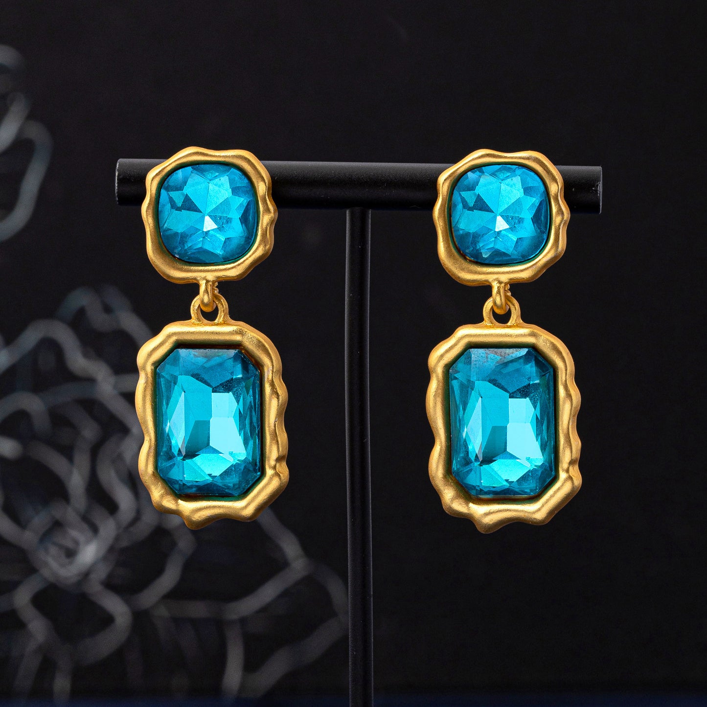 Geometric Blue Crystal Earrings For Women In Zinc Alloy With 925 Sterling Silver Studs