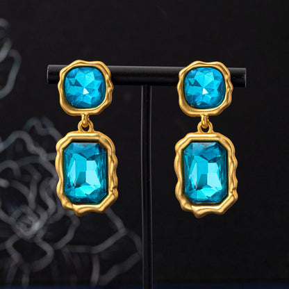 Geometric Blue Crystal Earrings For Women In Zinc Alloy With 925 Sterling Silver Studs