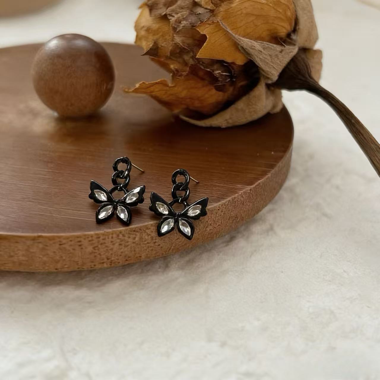 Butterfly Stud Earrings With 925 Sterling Silver Ear Pins And Crystal Inlay Featuring Stoving Varnish Finish